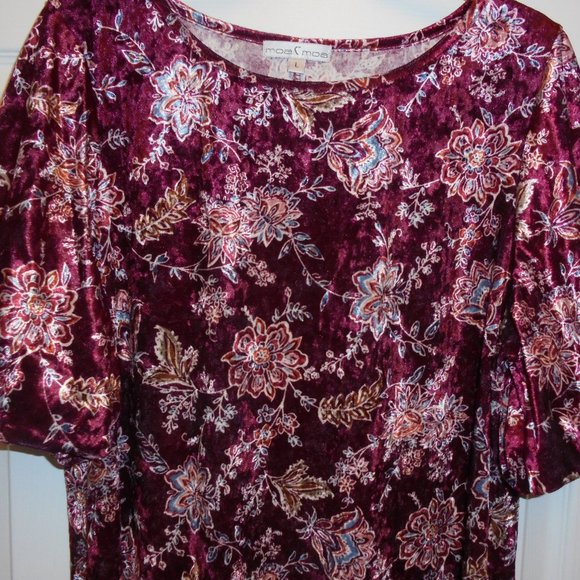 Dress Velvet Puffed Short Sleeve knee-length Floral Burgundy retro - Picture 2 of 8